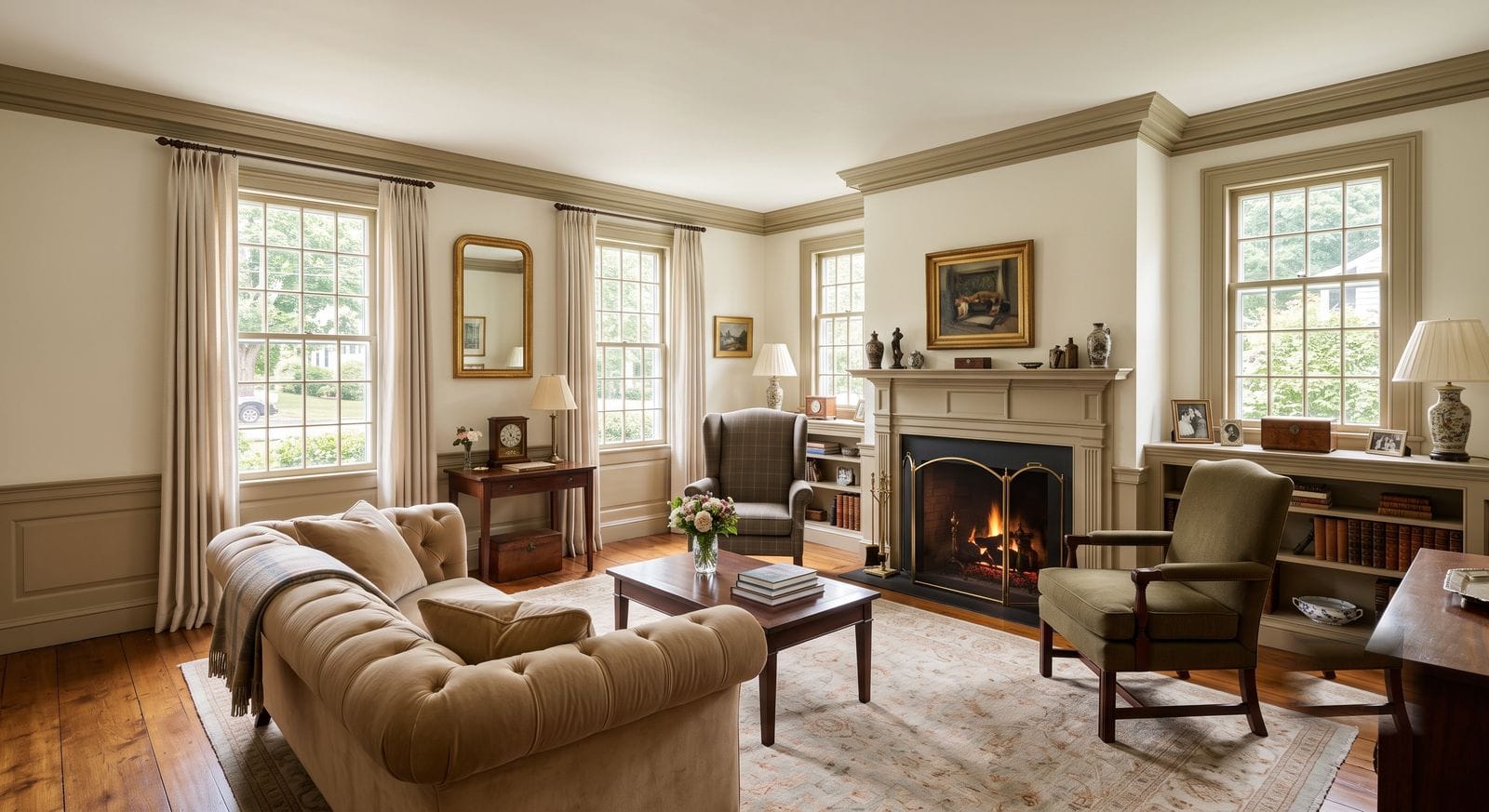 Freshly painted living room with crisp white trim in a historic Walpole, Massachusetts home