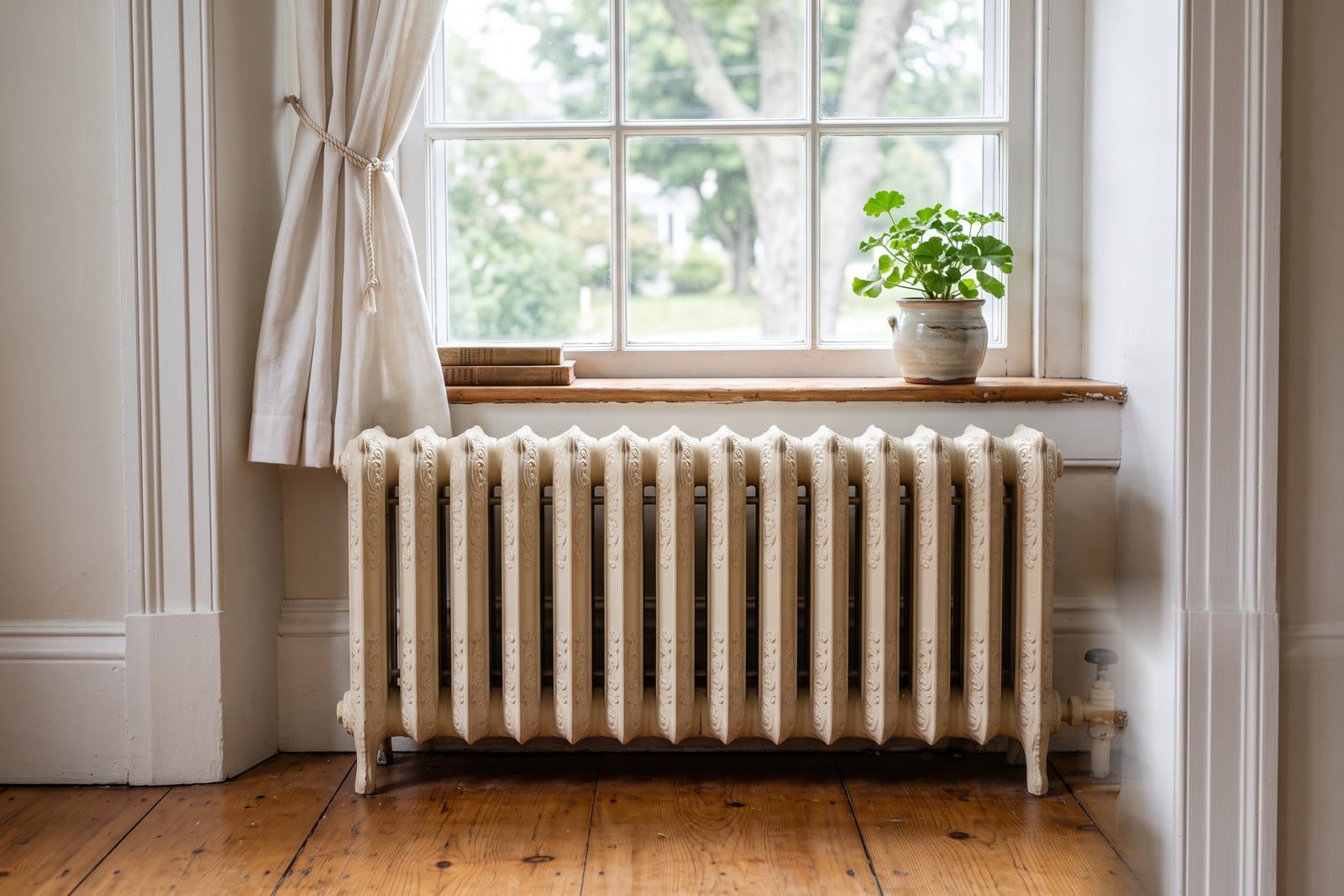 Freshly repainted original cast-iron radiator under a window in an older MetroWest Boston New England home
