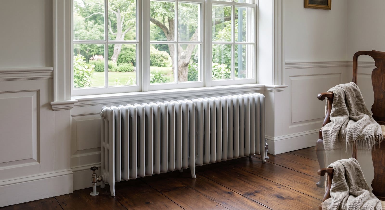 Freshly repainted cast-iron radiator in a period-appropriate finish under a window in a MetroWest Boston Colonial