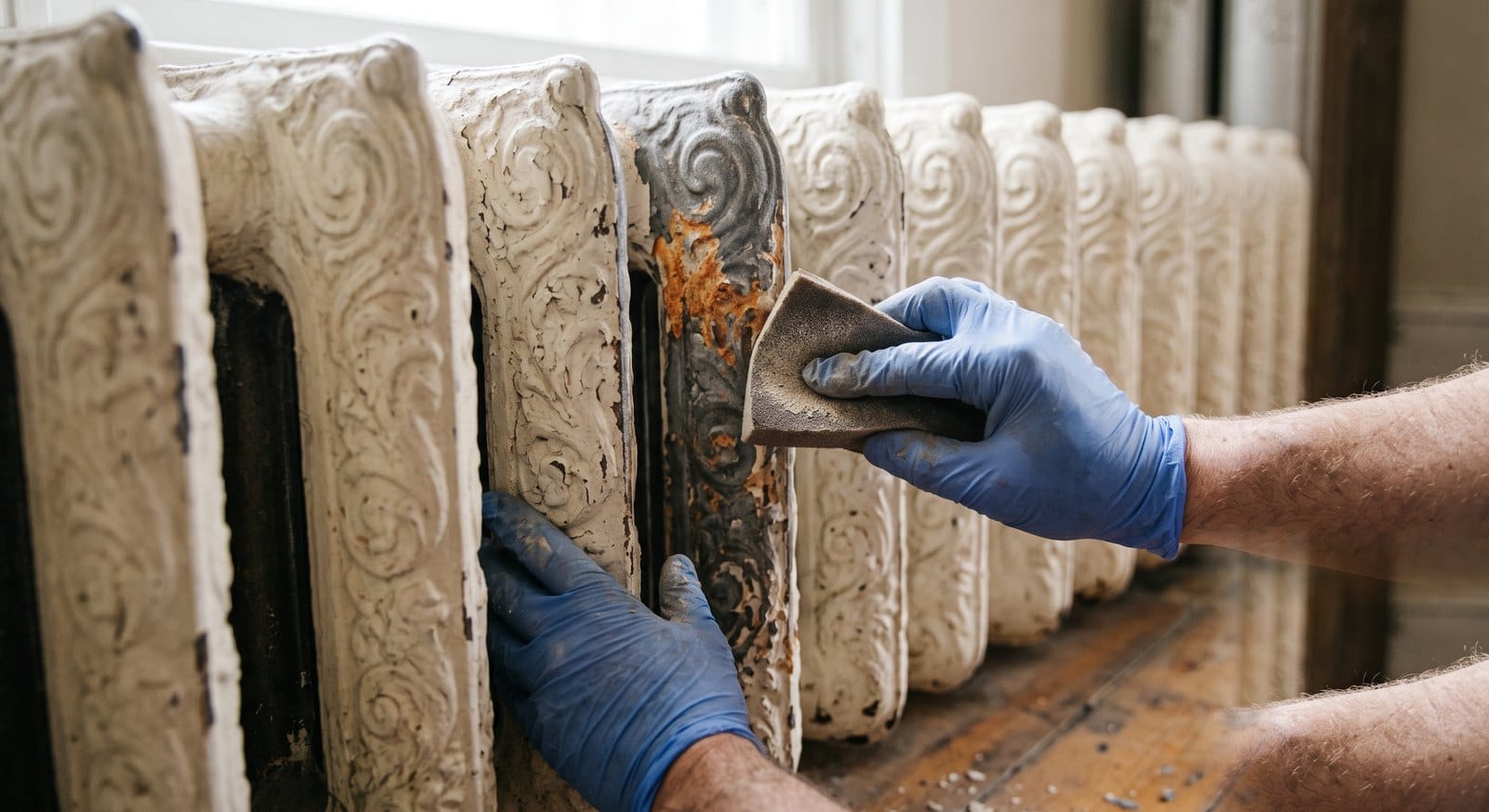 Cast-iron radiator being tested for lead paint and prepped before repainting in an older MetroWest Boston home