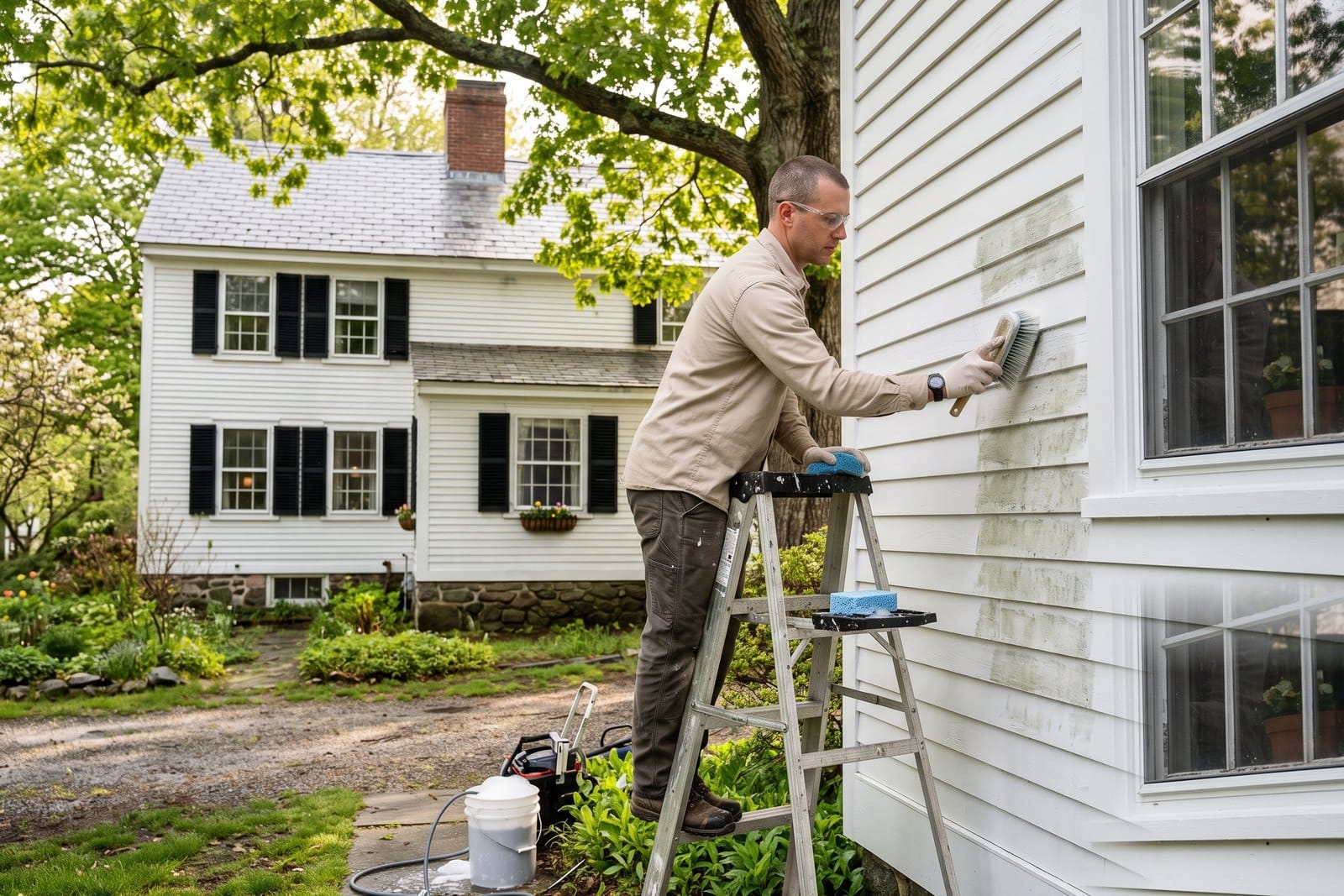 Painter cleaning green mildew off a shaded exterior wall before priming and repainting on a MetroWest Boston home