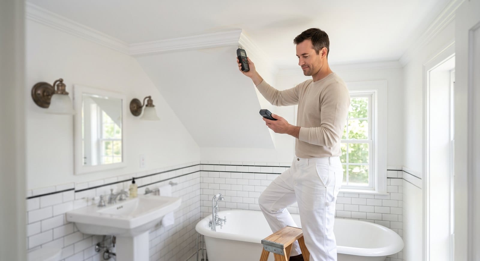 Painter inspecting a bathroom ceiling for mold and moisture before priming in a MetroWest Boston home
