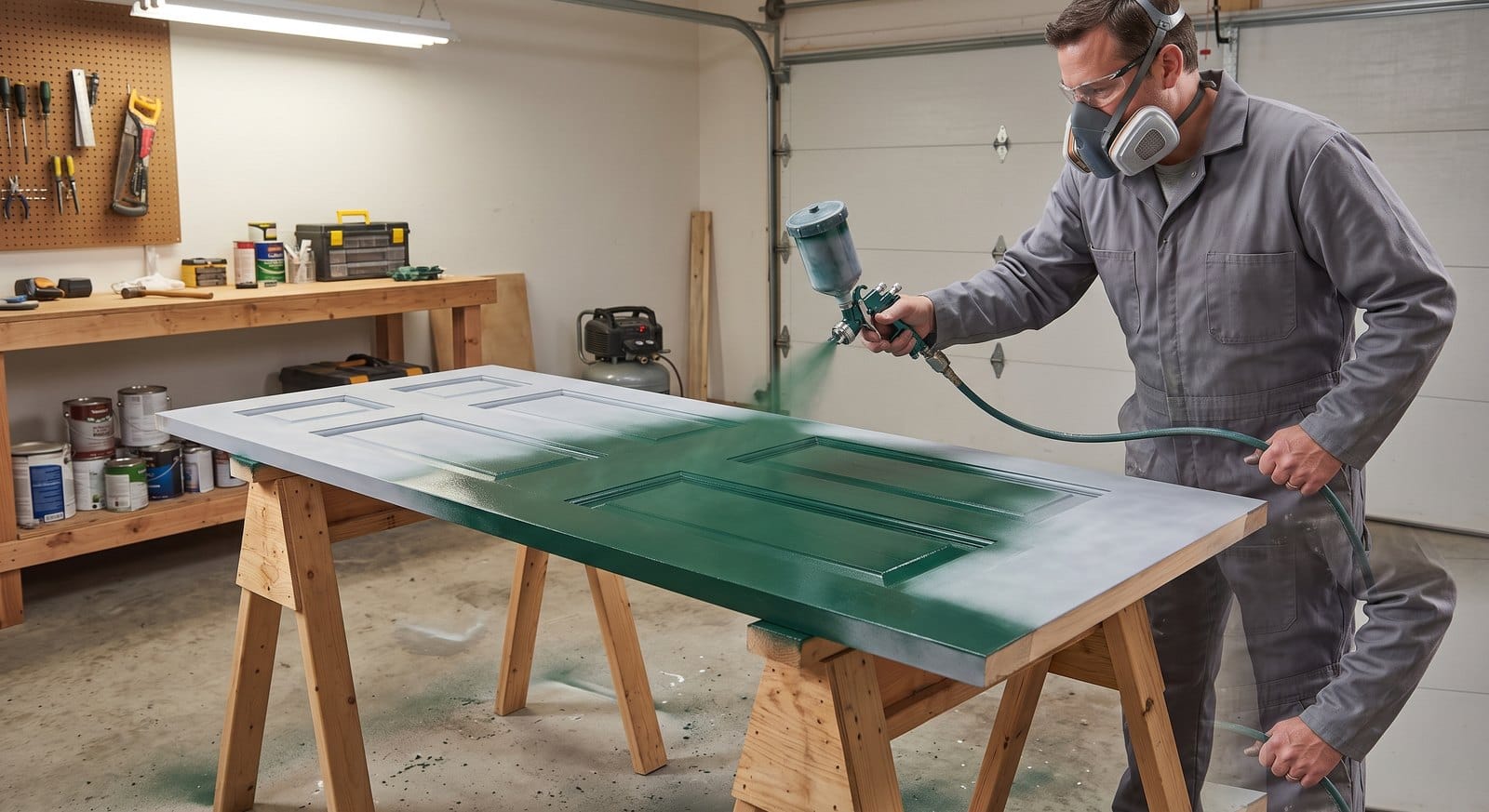 Painter spraying a paneled interior door a deep green for a smooth factory-like finish in a MetroWest Boston home