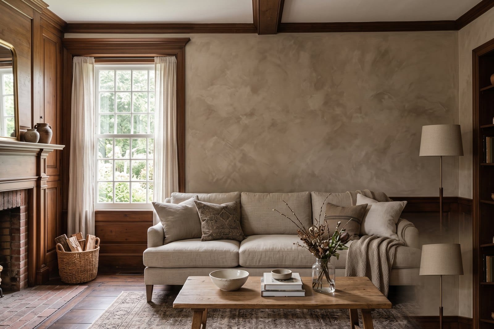 Warm Venetian plaster feature wall with a stone-like polished sheen in a MetroWest Boston older home, natural light revealing the depth