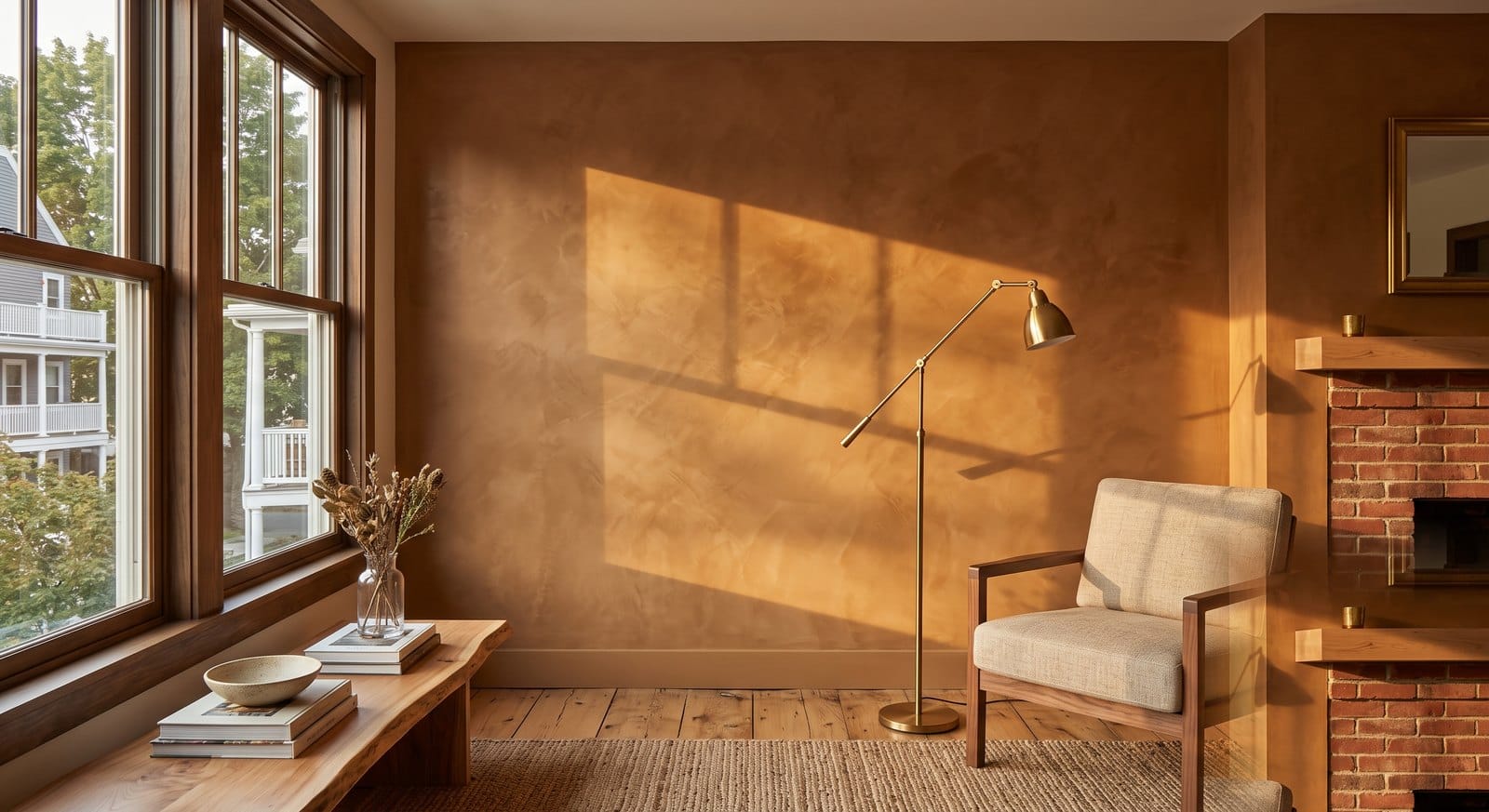 Living room feature wall finished in warm Venetian plaster with soft light revealing the polished stone-like movement in a MetroWest Boston home