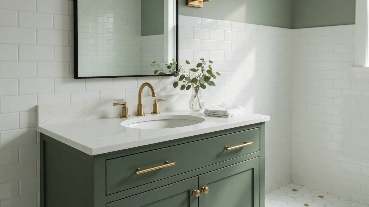 Refinished bathroom vanity in a deep muted green with brushed brass hardware and a fresh countertop in a bright MetroWest Boston bathroom