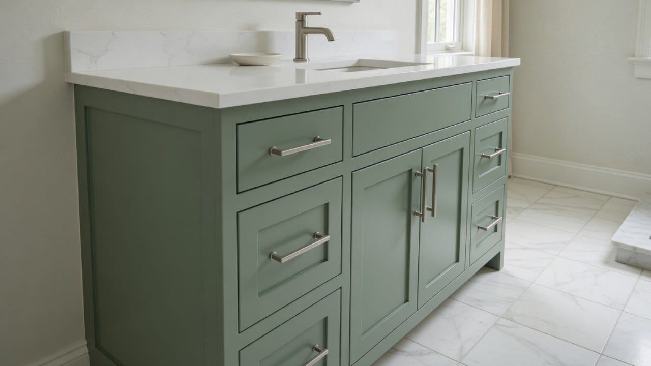 Refinished bathroom vanity in a deep muted green with new brushed hardware in a MetroWest Boston bathroom