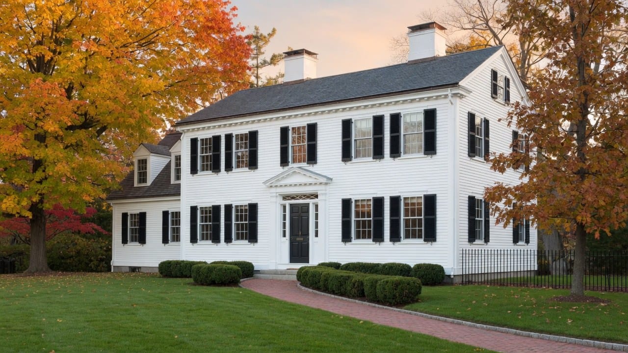 Classic white New England colonial with black shutters showing timeless exterior siding color choices