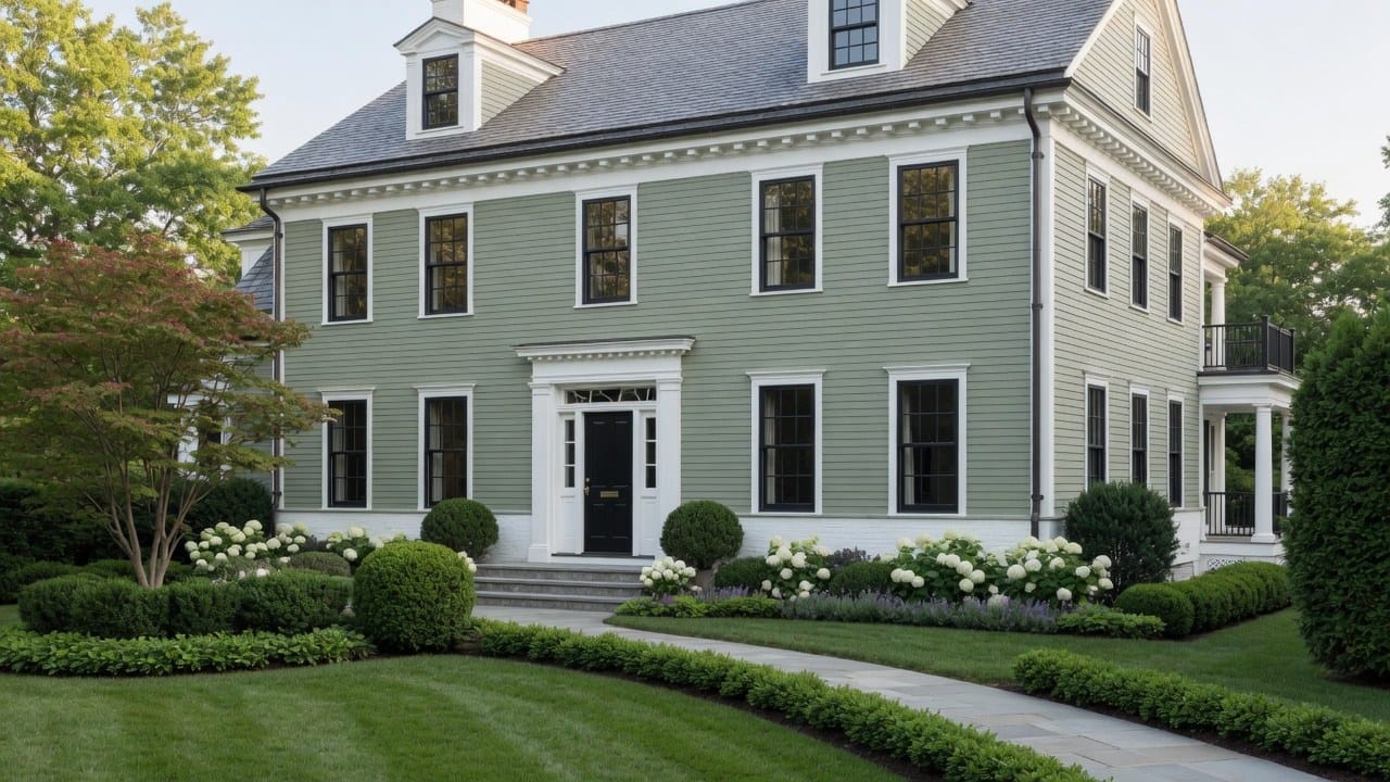 New England home with warm sage green siding and white trim in MetroWest Massachusetts, 2026 exterior palette