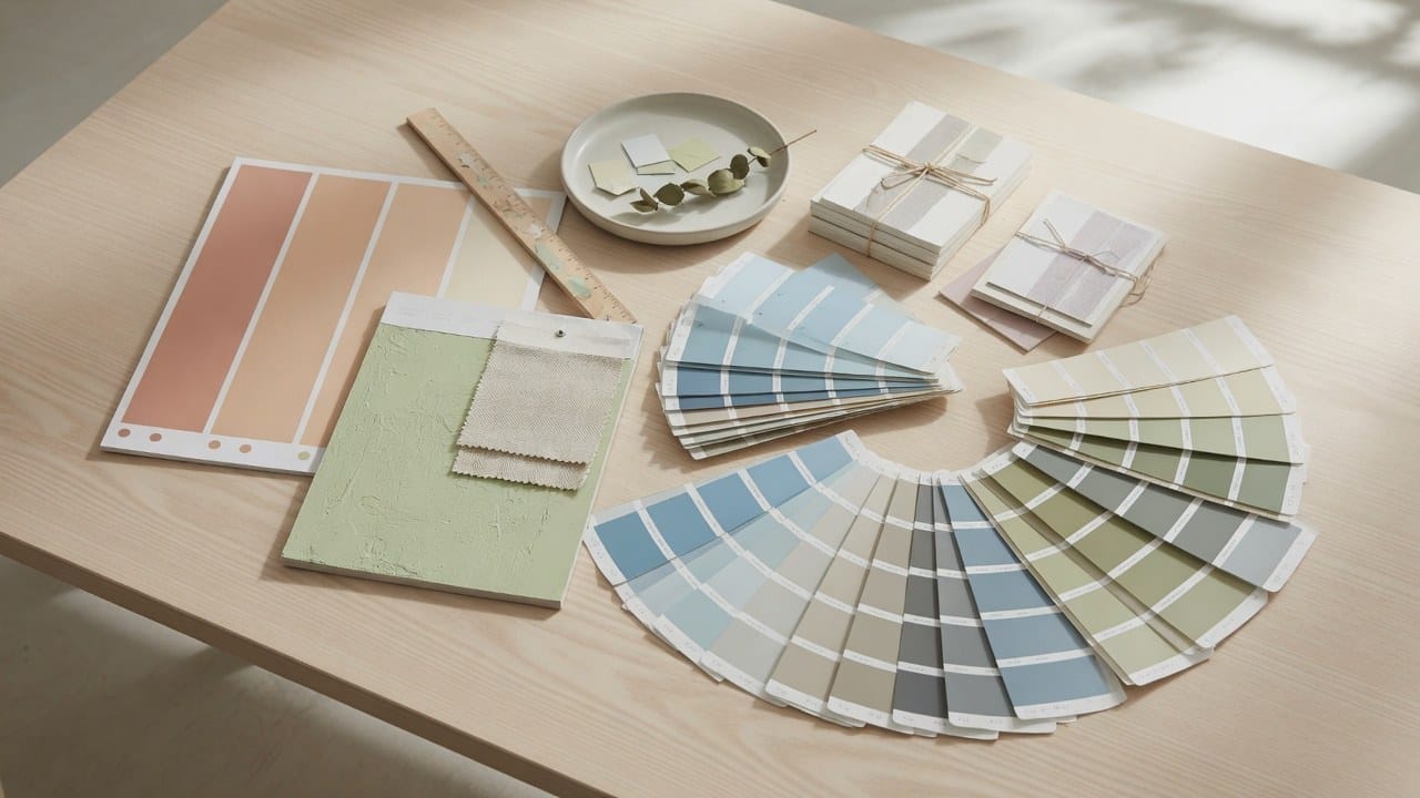 Paint color swatches and sample boards for exterior siding colors on a MetroWest Massachusetts consult