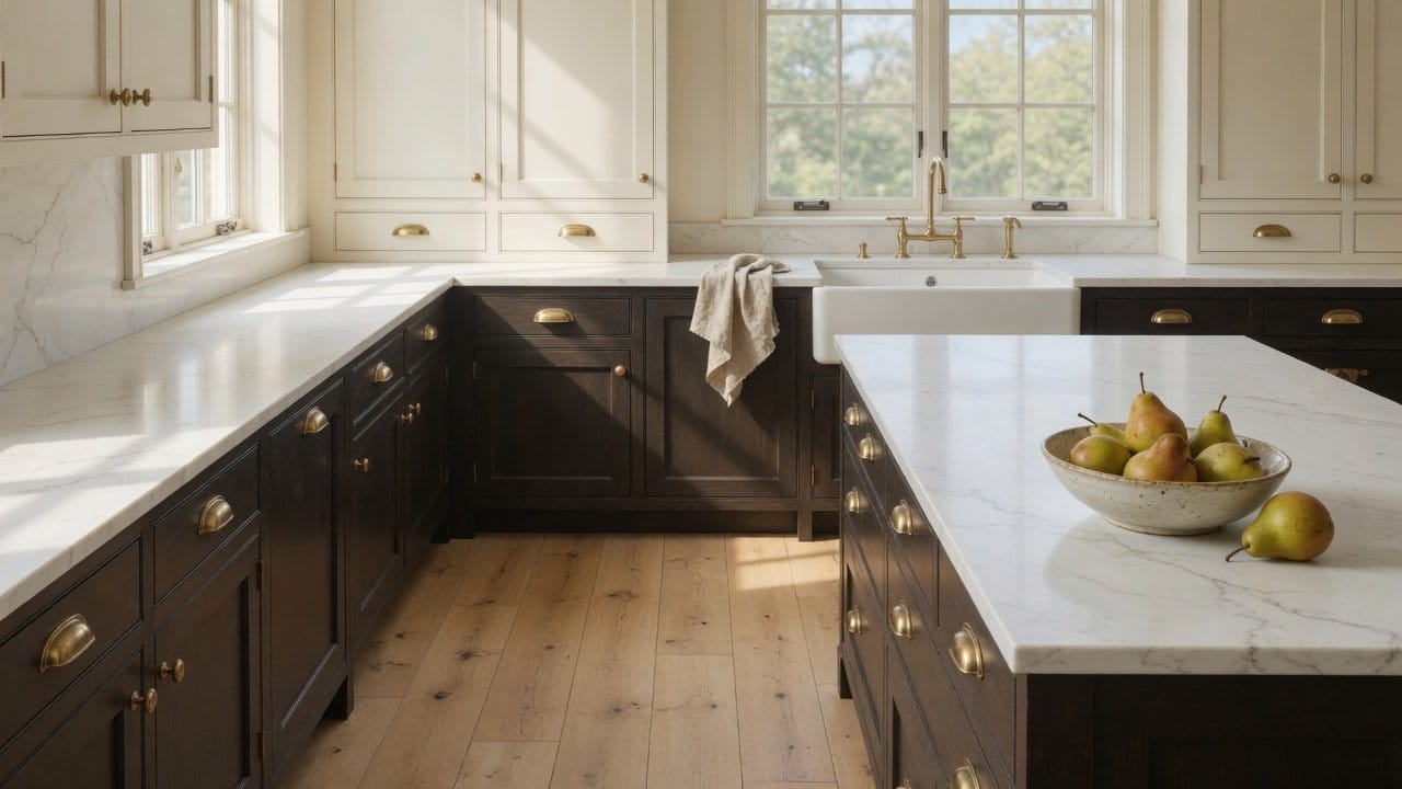 Two-tone kitchen with cream uppers and deep umber lower cabinets in a Wellesley MA colonial, morning light