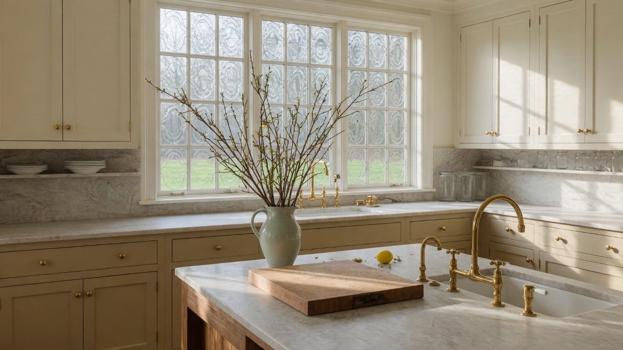Warm khaki lower kitchen cabinets with cream uppers in a MetroWest Boston colonial kitchen, soft morning light