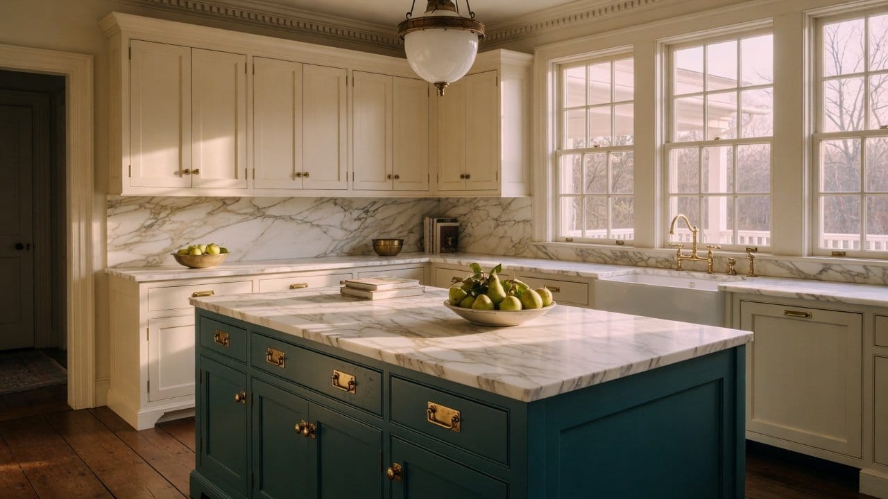 Deep Narragansett Green painted kitchen island with brass pulls in a Needham MA colonial, cream perimeter cabinets