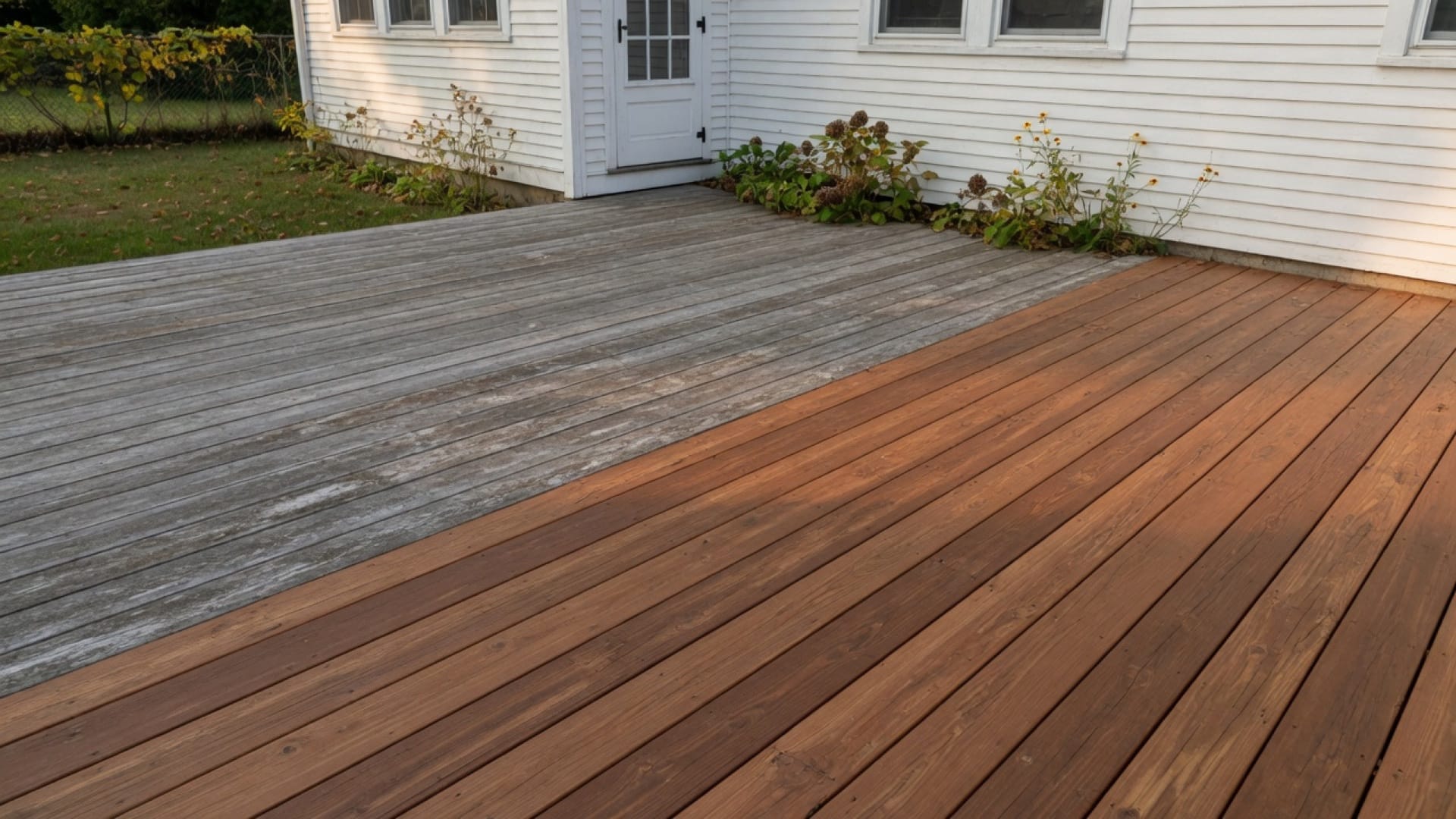 Freshly stained pressure-treated deck beside weathered gray boards, Holliston MA backyard, late summer light