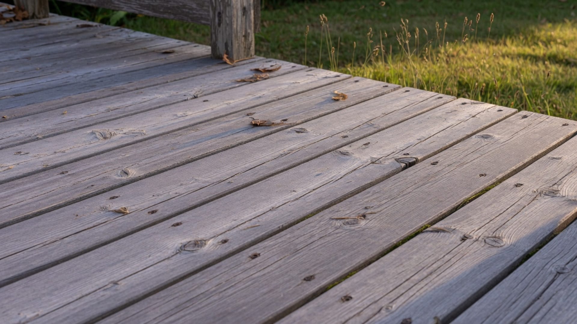 Weathered gray cedar deck boards on a Holliston MA backyard, sound grain, late summer light