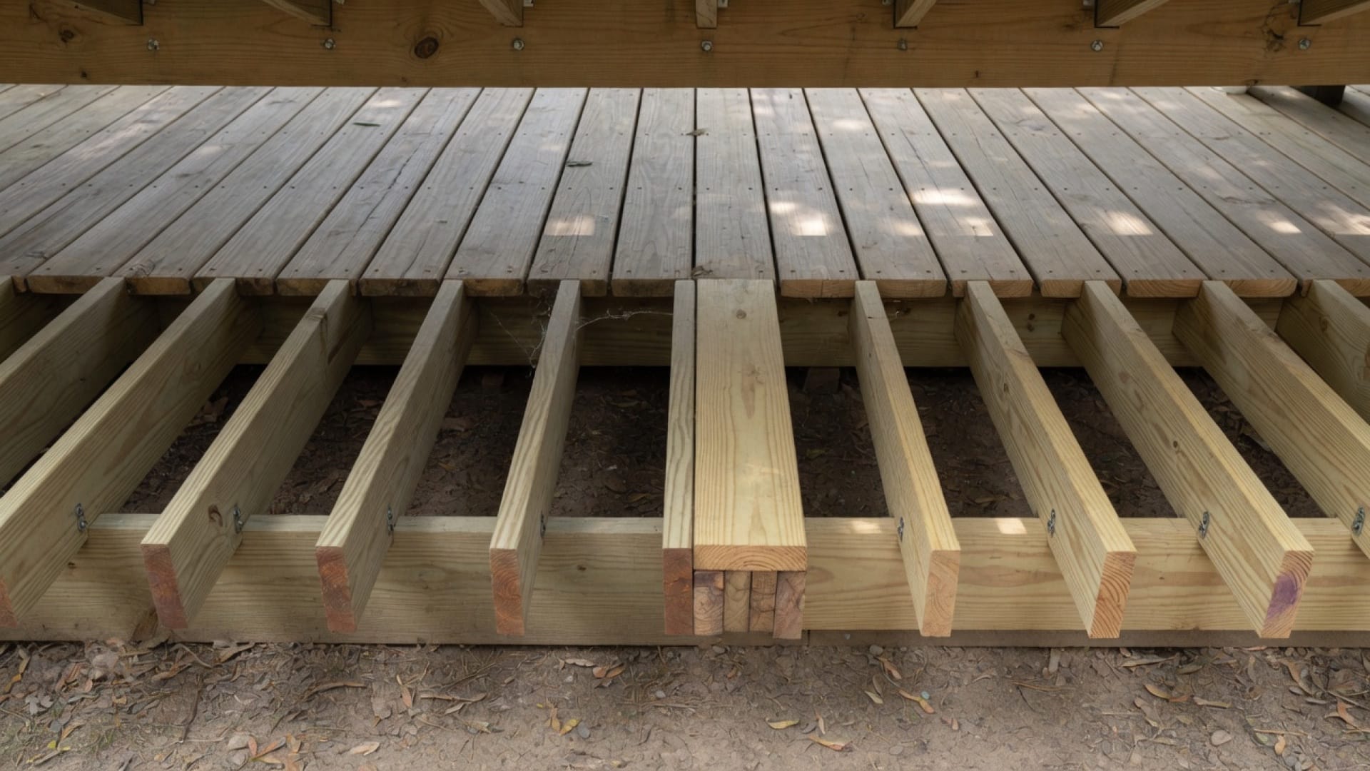 Underside of a MetroWest deck showing sound joists beside one replaced board bay, no people