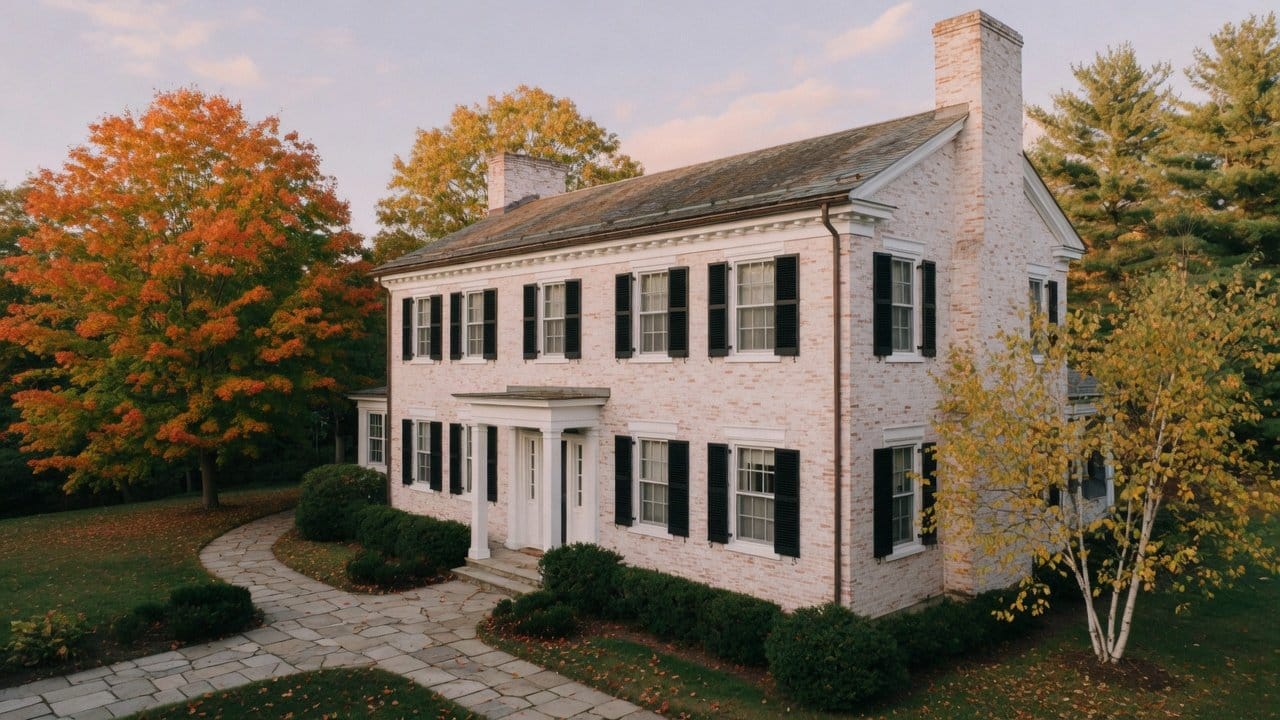 New England brick colonial with a soft white limewashed exterior, original brick texture showing through the mottled mineral finish, autumn afternoon light