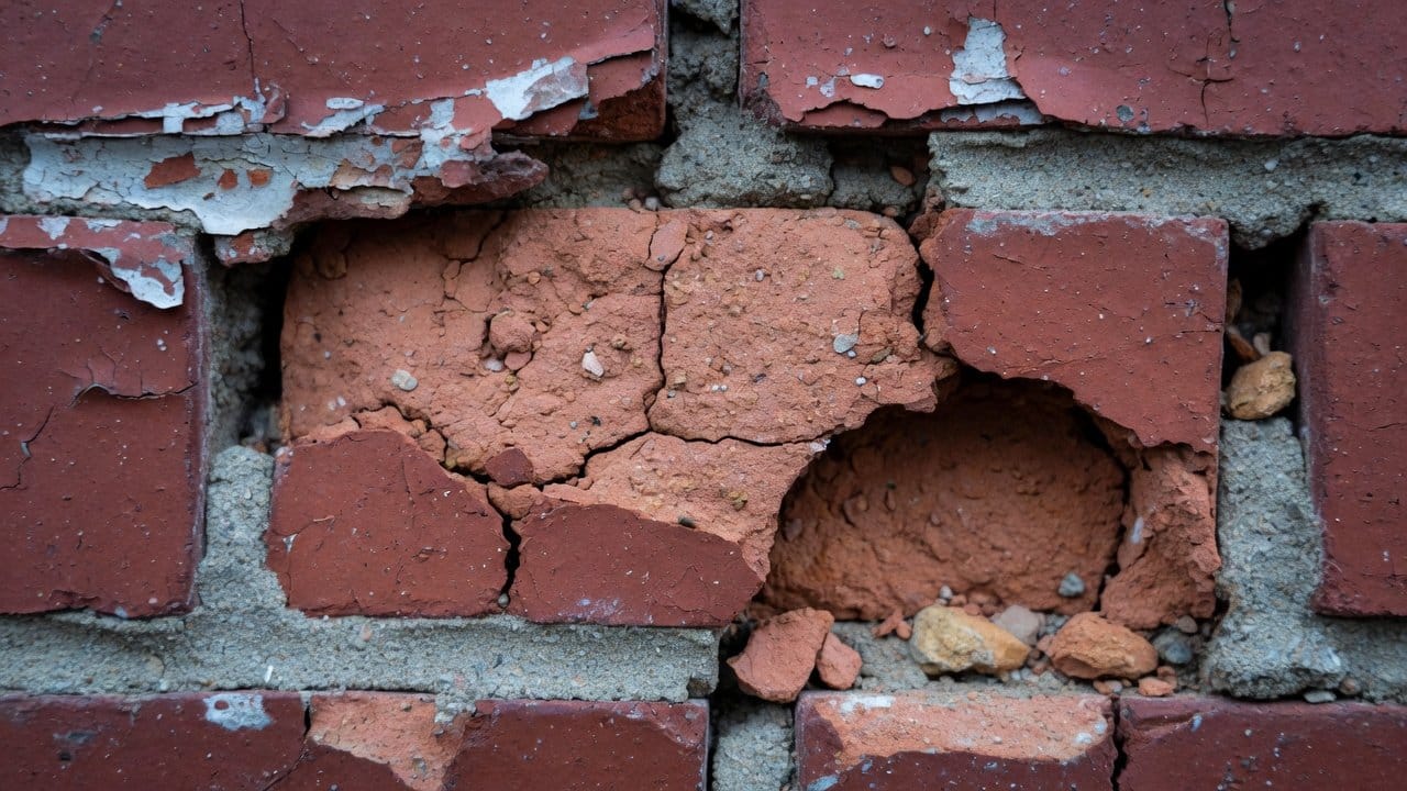 Close up of spalled brick where the face has popped off after freeze thaw damage on a painted New England masonry wall