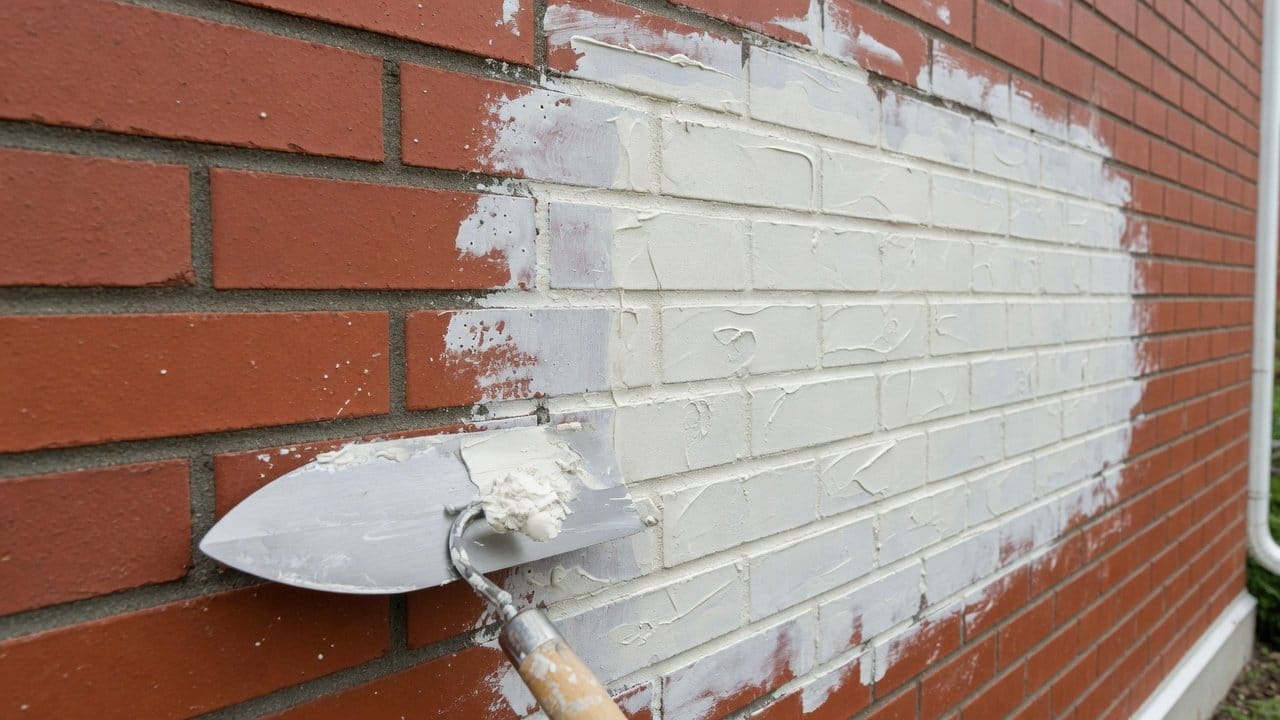 German smear mortar finish being troweled across red brick, partially covering the face and filling the joints, on a New England home exterior