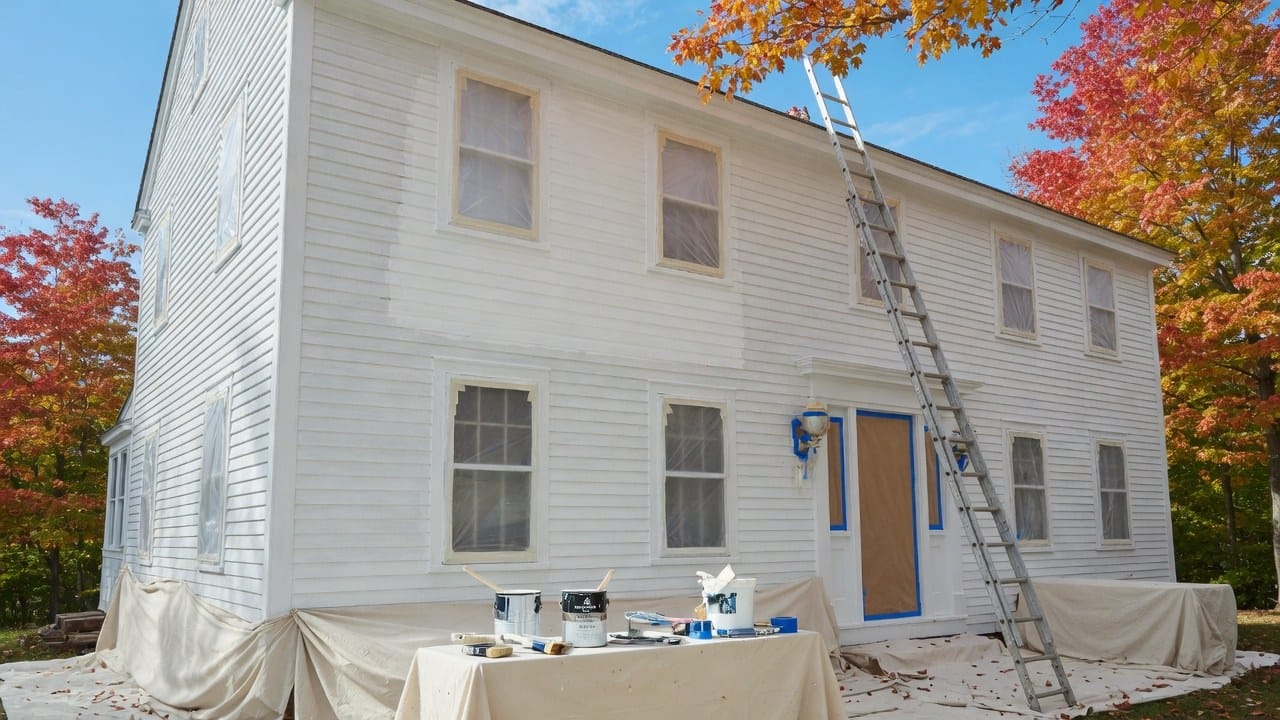 Painting crew working the sunlit south elevation of a New England colonial in autumn with fall foliage in the background