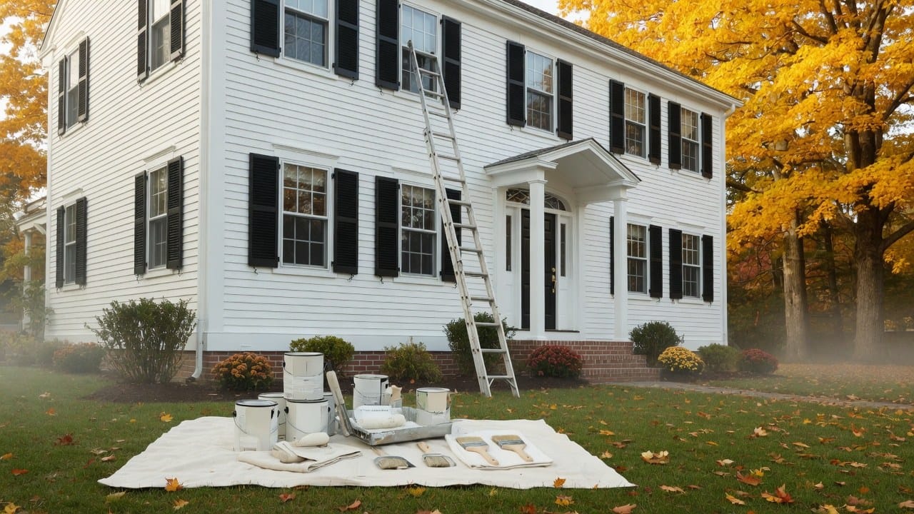 New England colonial home mid exterior repaint on a crisp autumn morning in MetroWest Boston, low sun and fall foliage, ladder and drop cloths in place