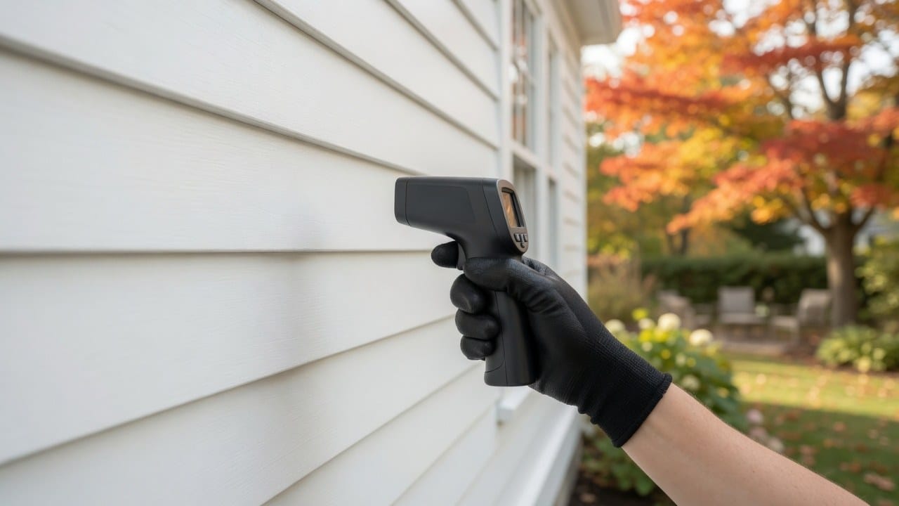 Painter checking siding surface temperature with an infrared thermometer on a MetroWest Boston home during a cool fall morning