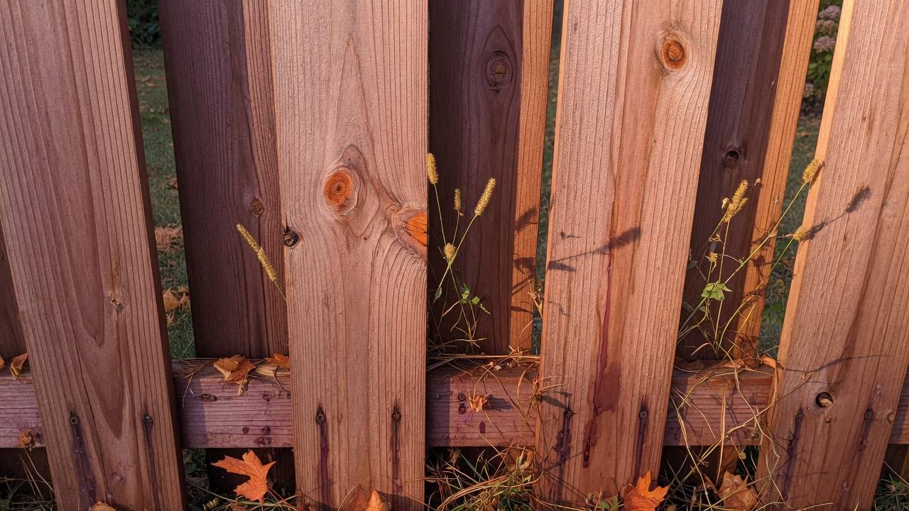 Freshly stained cedar privacy fence in a Holliston MA backyard, late summer light, no people
