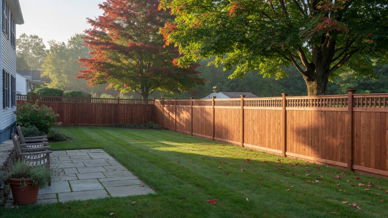 Stained cedar privacy fence in a Holliston MA backyard, late summer light