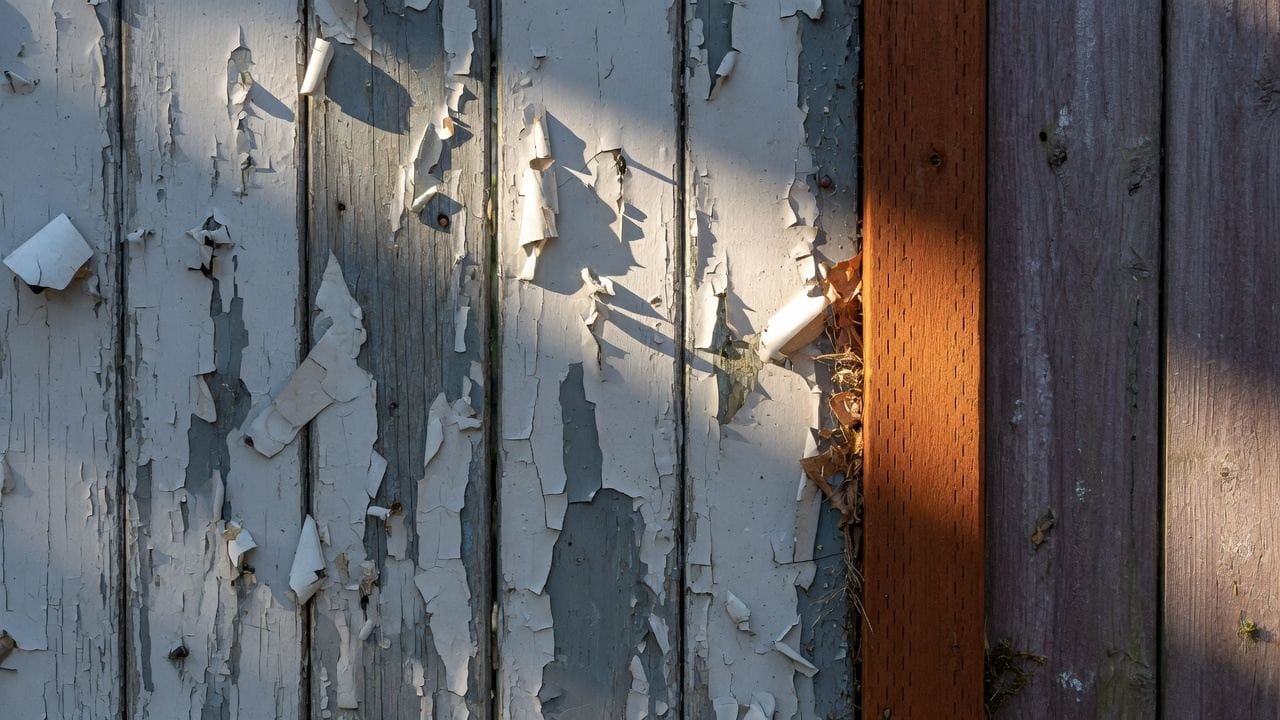 Peeling paint on an older wood fence next to sound stained cedar, MetroWest backyard, raking light
