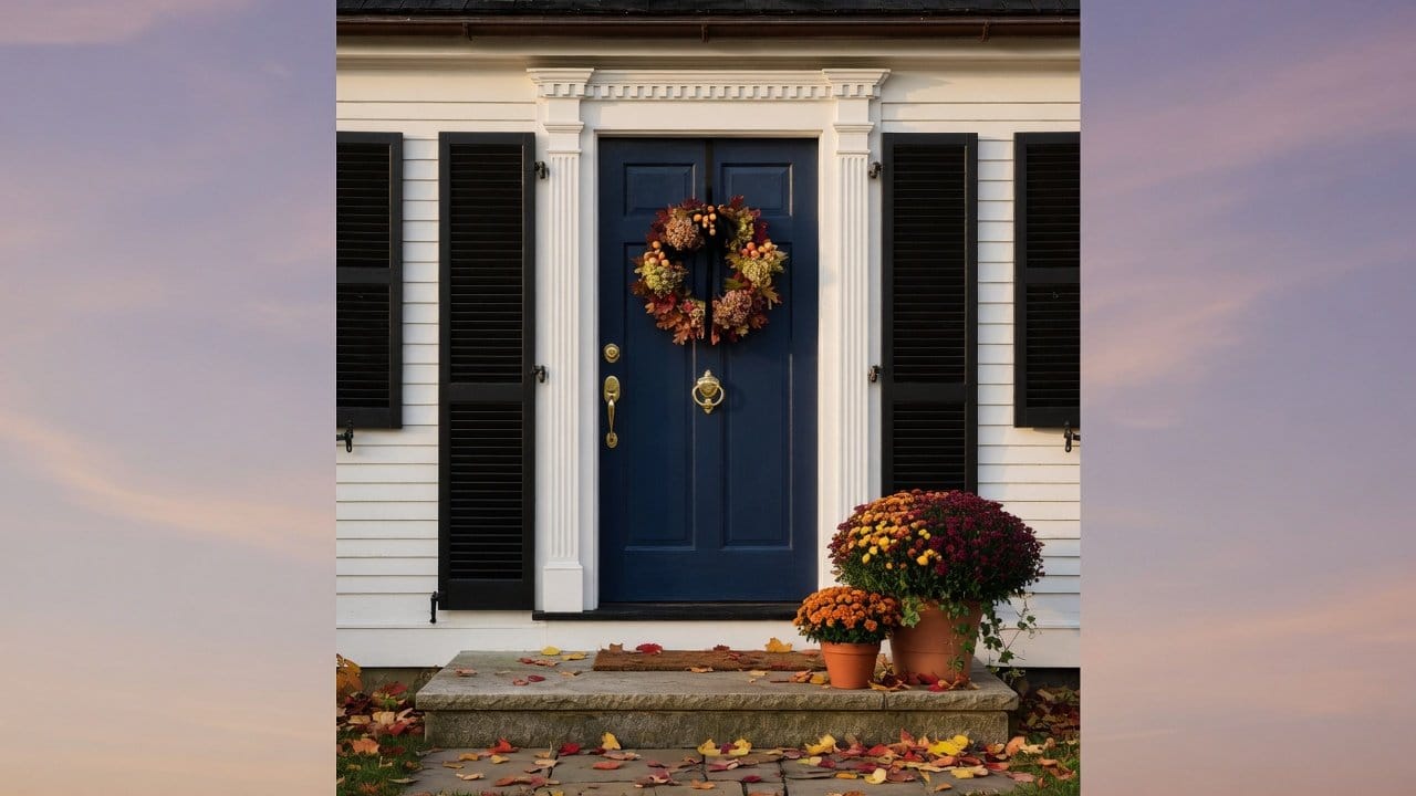 Freshly repainted deep colonial blue front door with black shutters on a white New England colonial in MetroWest Boston, autumn wreath and warm afternoon light