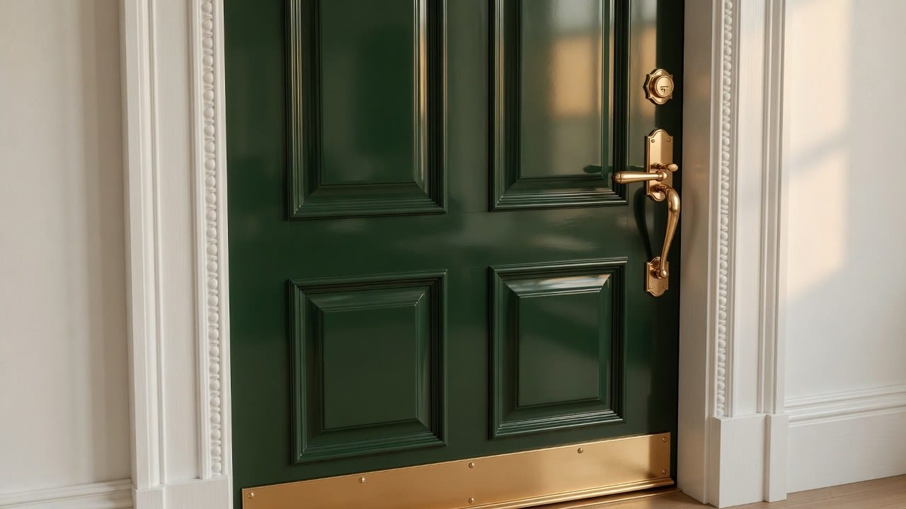 Freshly repainted deep green front door with polished brass hardware on a New England colonial in MetroWest Boston, autumn light
