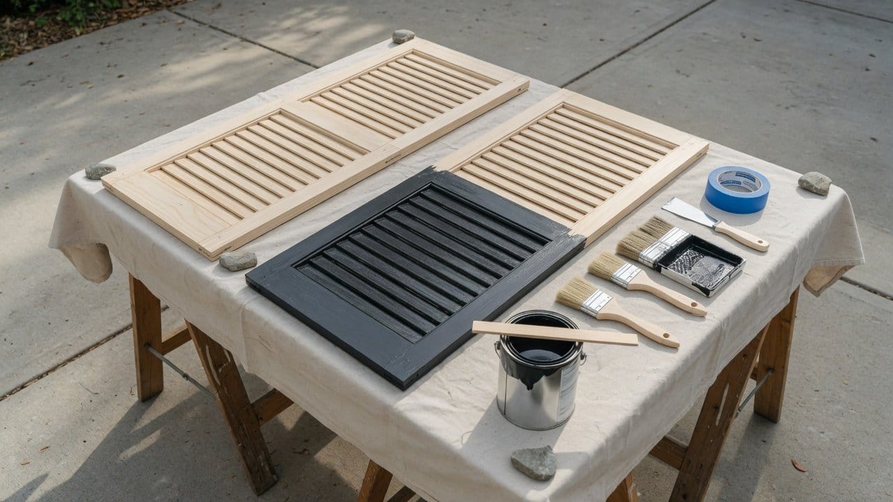Painter brushing fresh color into the slats of louvered exterior shutters removed and laid flat on sawhorses