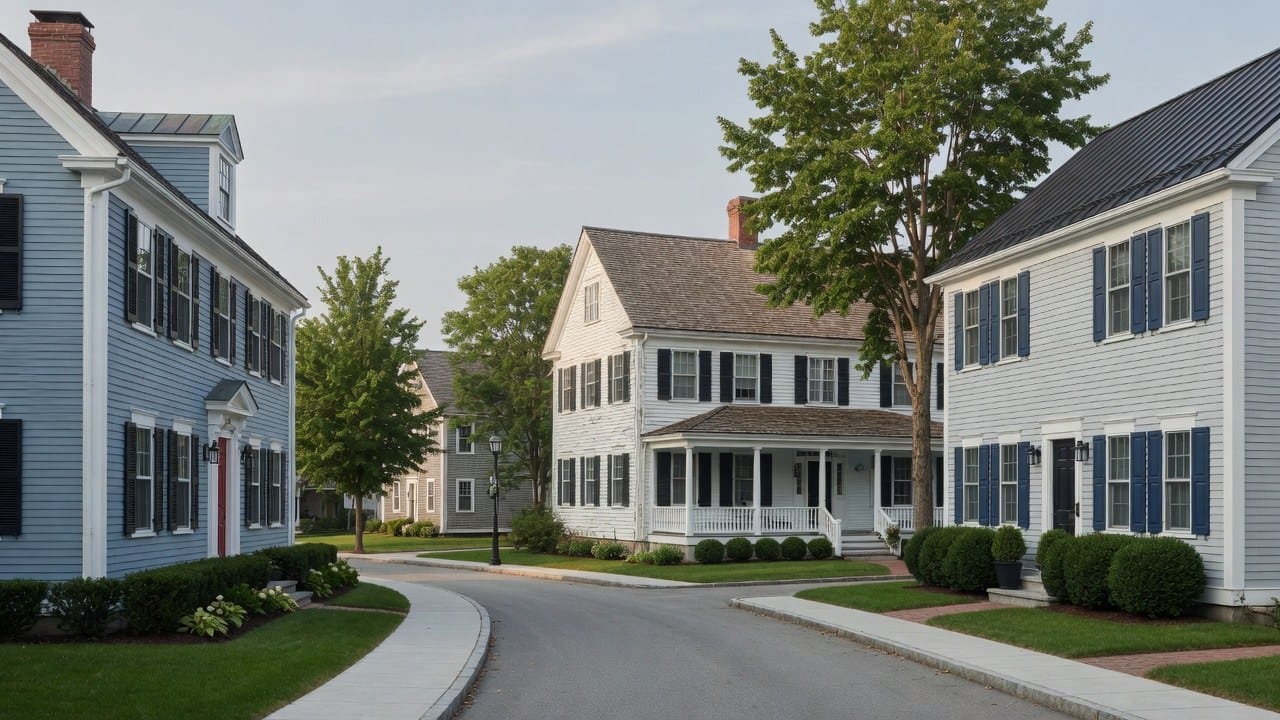 MetroWest Massachusetts streetscape of homes with different siding materials and paint condition