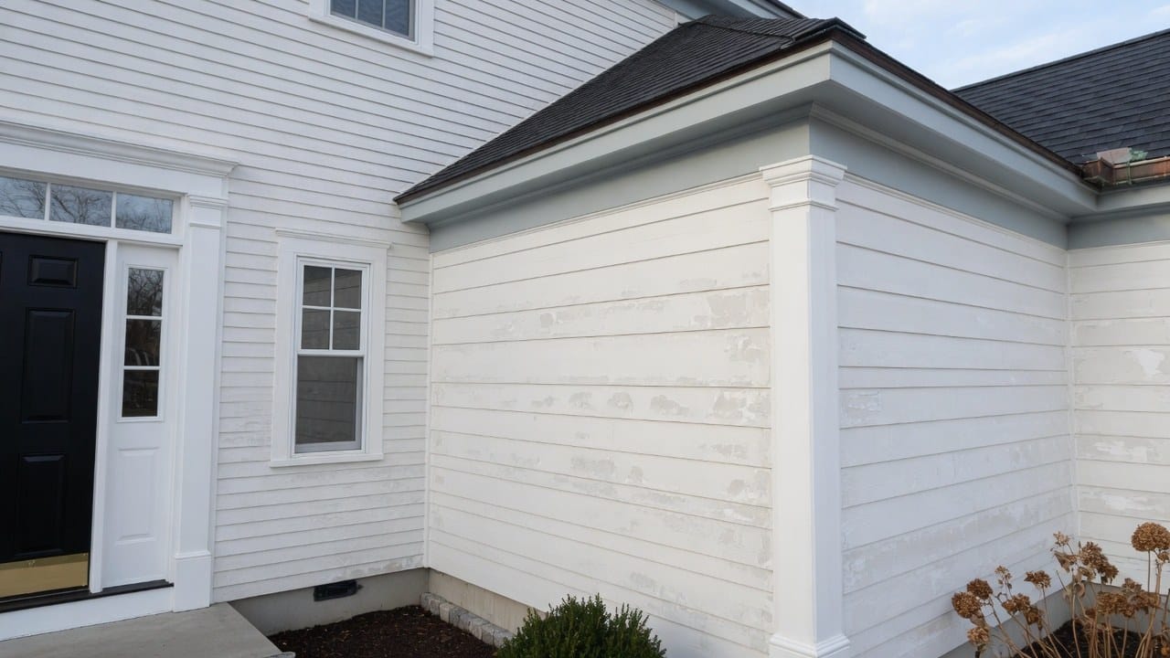 Clean vinyl siding on a Massachusetts MetroWest home showing mild chalking before a vinyl-safe repaint