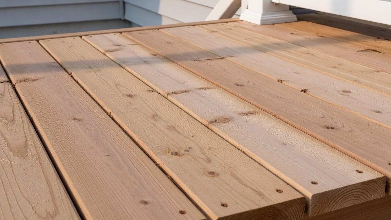 Clean dry cedar deck boards ready for stain, MetroWest backyard, late summer morning