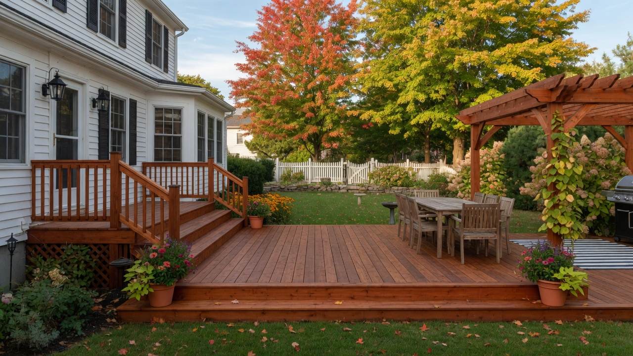 Freshly stained deck on a Holliston MA colonial in late summer, maples, afternoon light