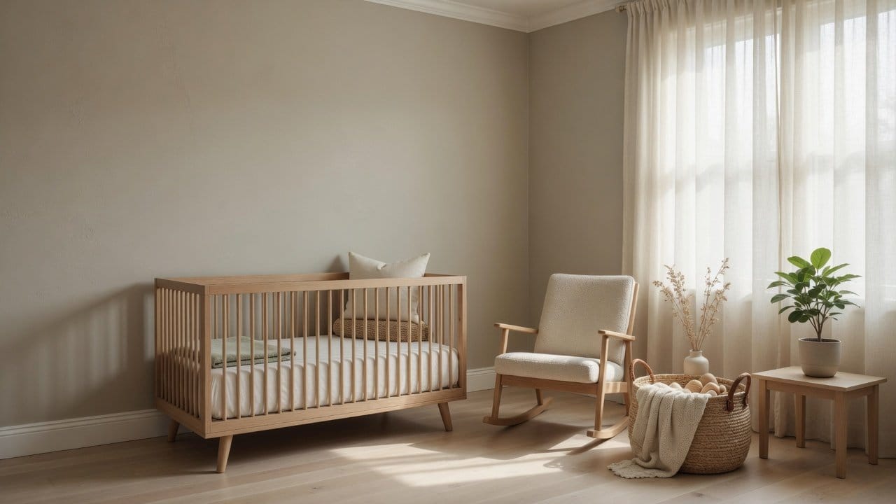Calm nursery painted in a soft warm neutral with a crib, rocking chair and natural daylight in a New England home