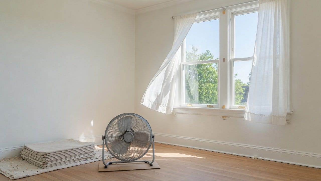 Freshly painted room with windows open and a fan running to ventilate during the cure period