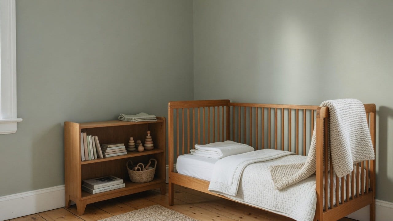 Softly painted nursery in a warm neutral tone with a crib and natural light in a New England home