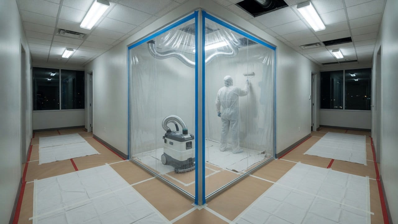 Painting crew working behind plastic containment with a HEPA air scrubber inside a medical office corridor after hours
