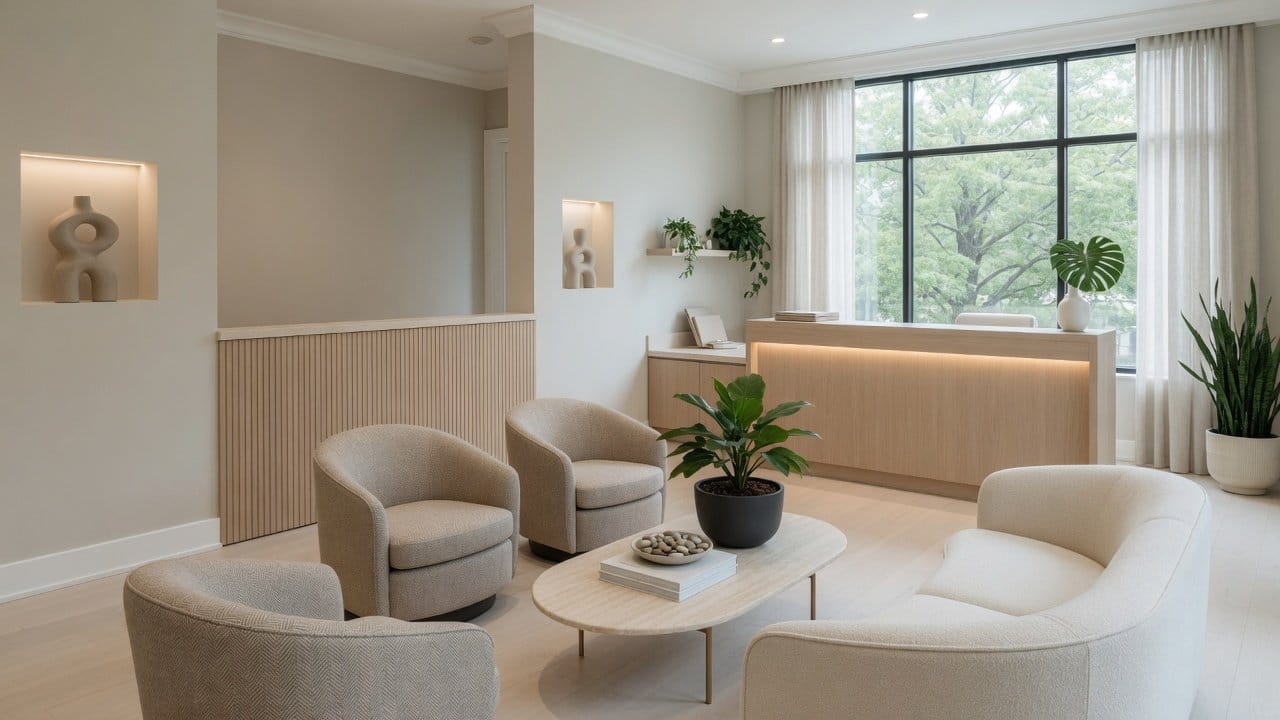 Bright modern dental practice waiting area with freshly painted walls in calm neutral tones in MetroWest Boston