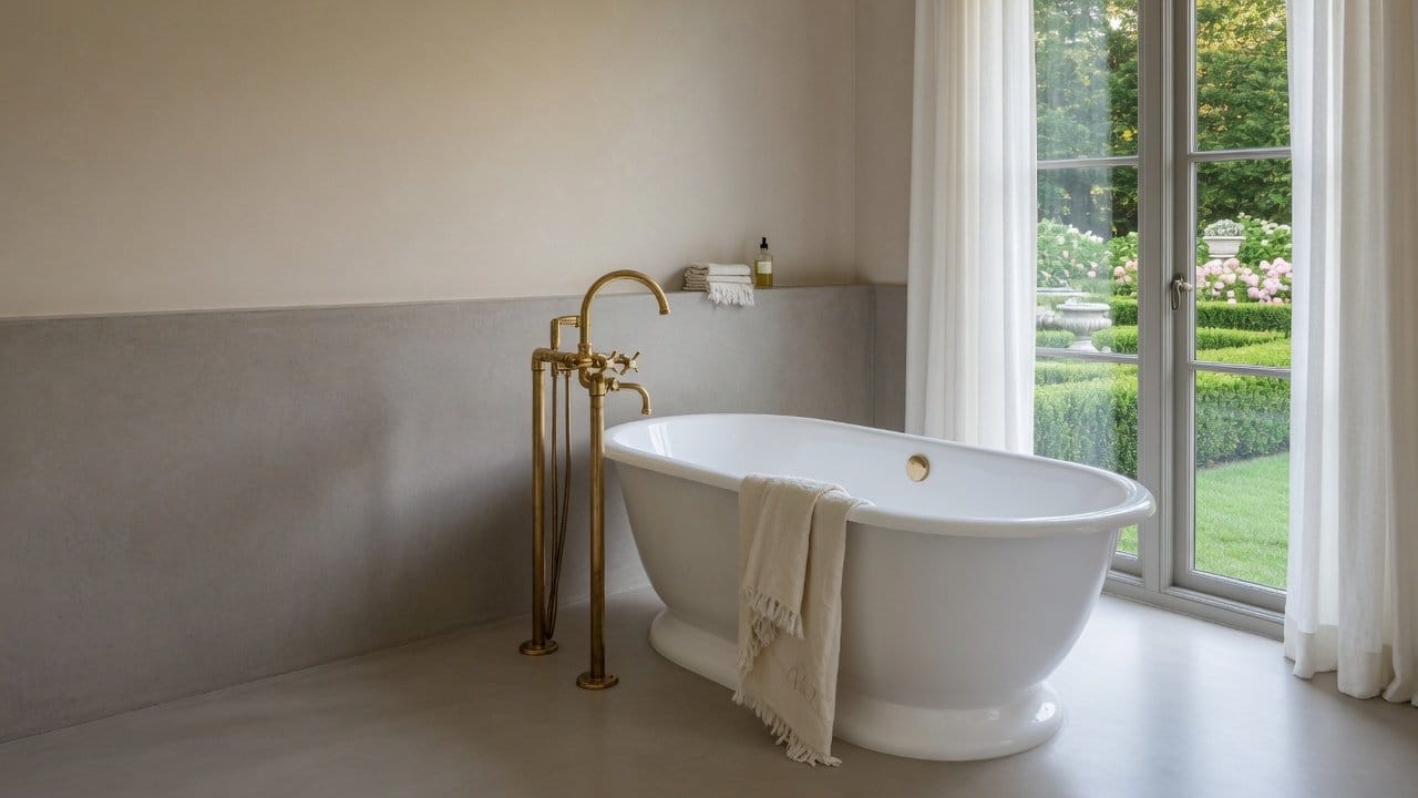 Seamless warm-gray microcement bathroom floor and half-wall in a Natick MA home, soft daylight