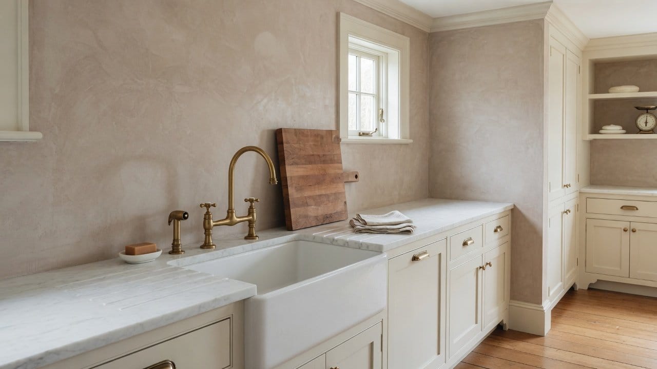 Warm microcement kitchen backsplash over existing tile plane in a Holliston MA colonial, brass faucet, daylight