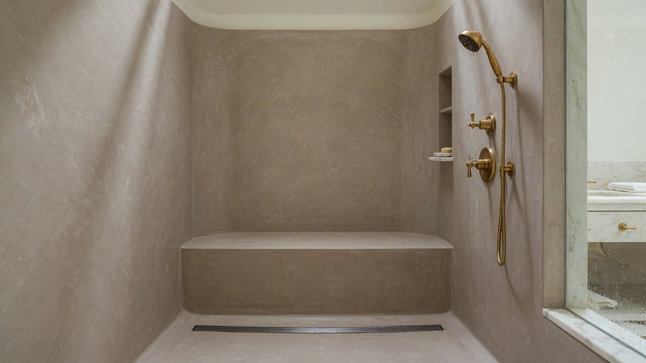 Seamless microcement shower wall and curb in a MetroWest Boston bath, soft daylight, no people