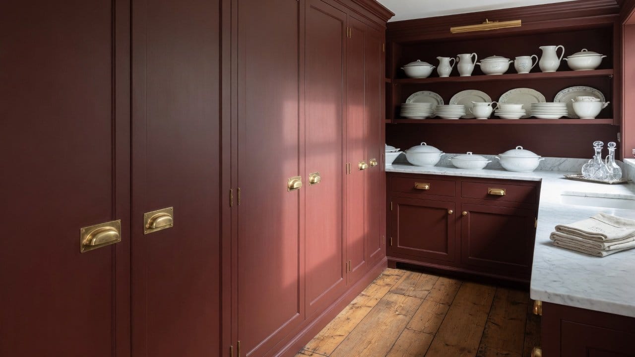 Matte historic red milk paint on pine pantry doors in a Holliston MA farmhouse, soft morning light