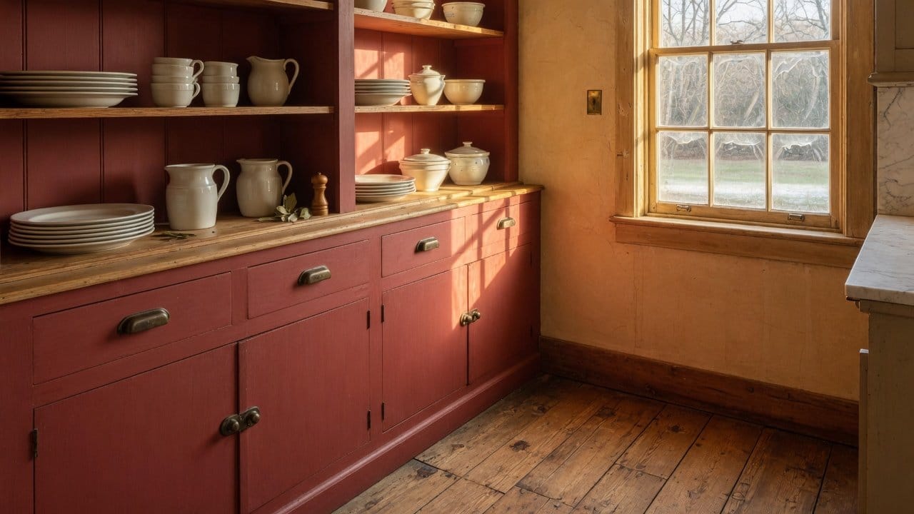 Finished milk-painted pine pantry and open shelves in a Dover MA historic kitchen, matte mineral red, morning light