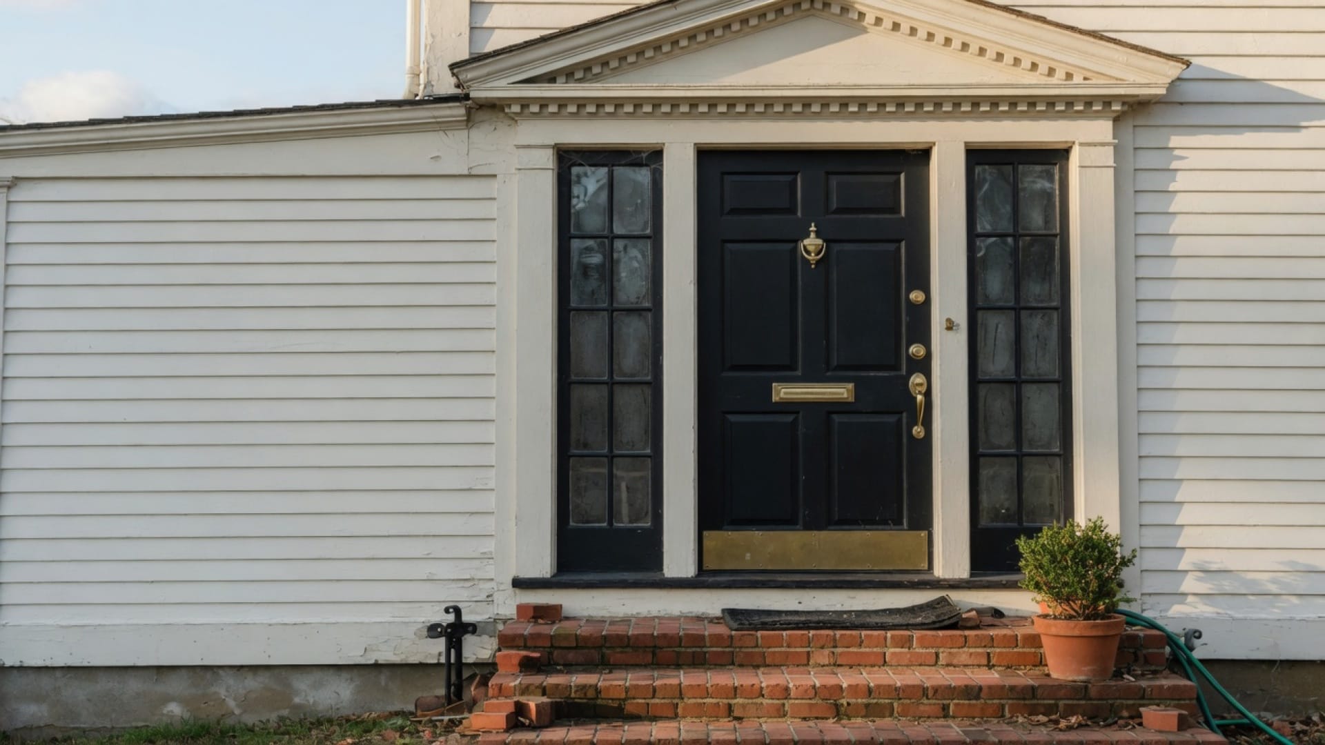 Freshly painted black front door on a Wellesley MA colonial, brass hardware, morning light, no people