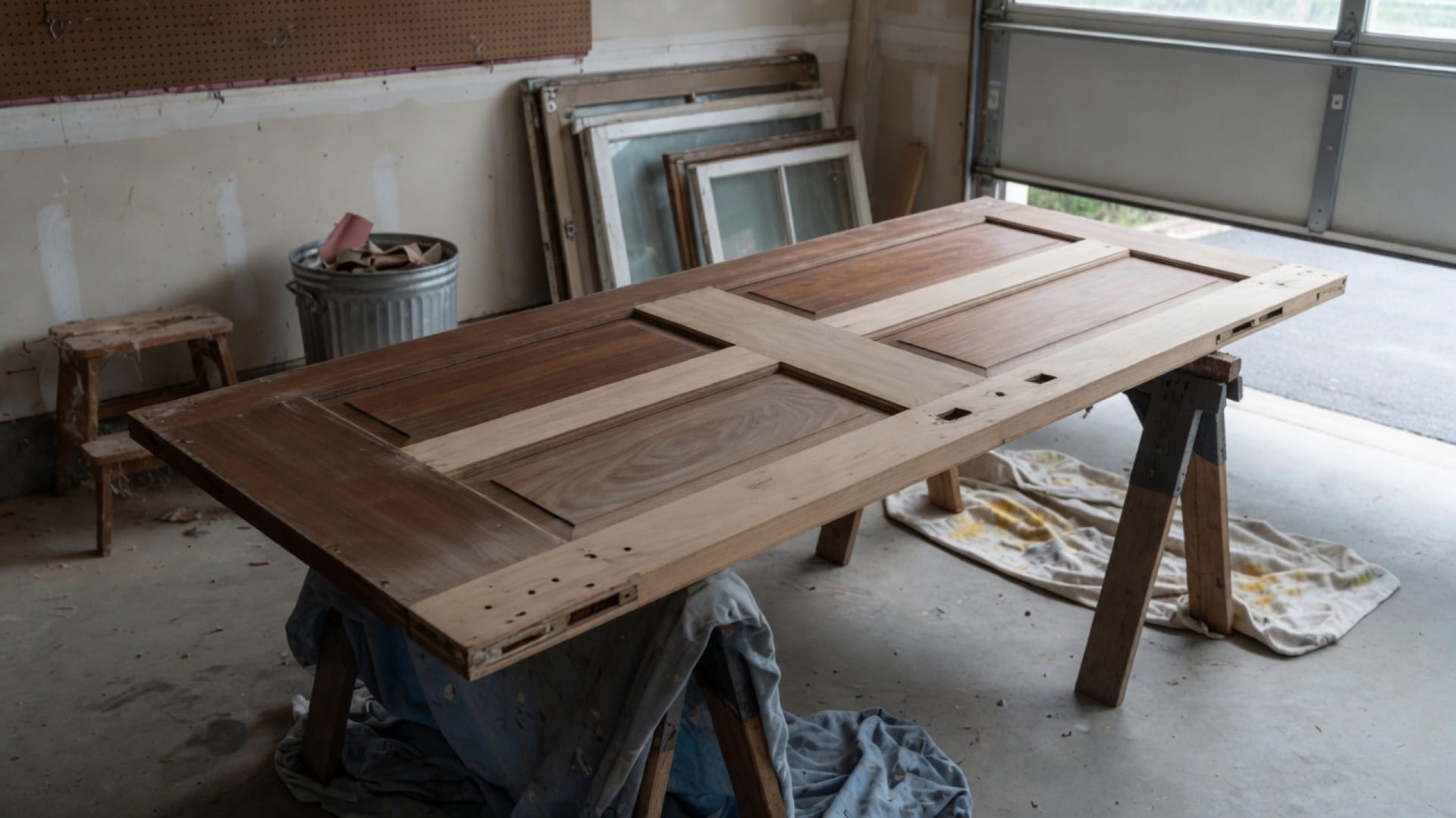 Front door off the hinges on padded sawhorses, sanded lock edge, Holliston MA garage shop light