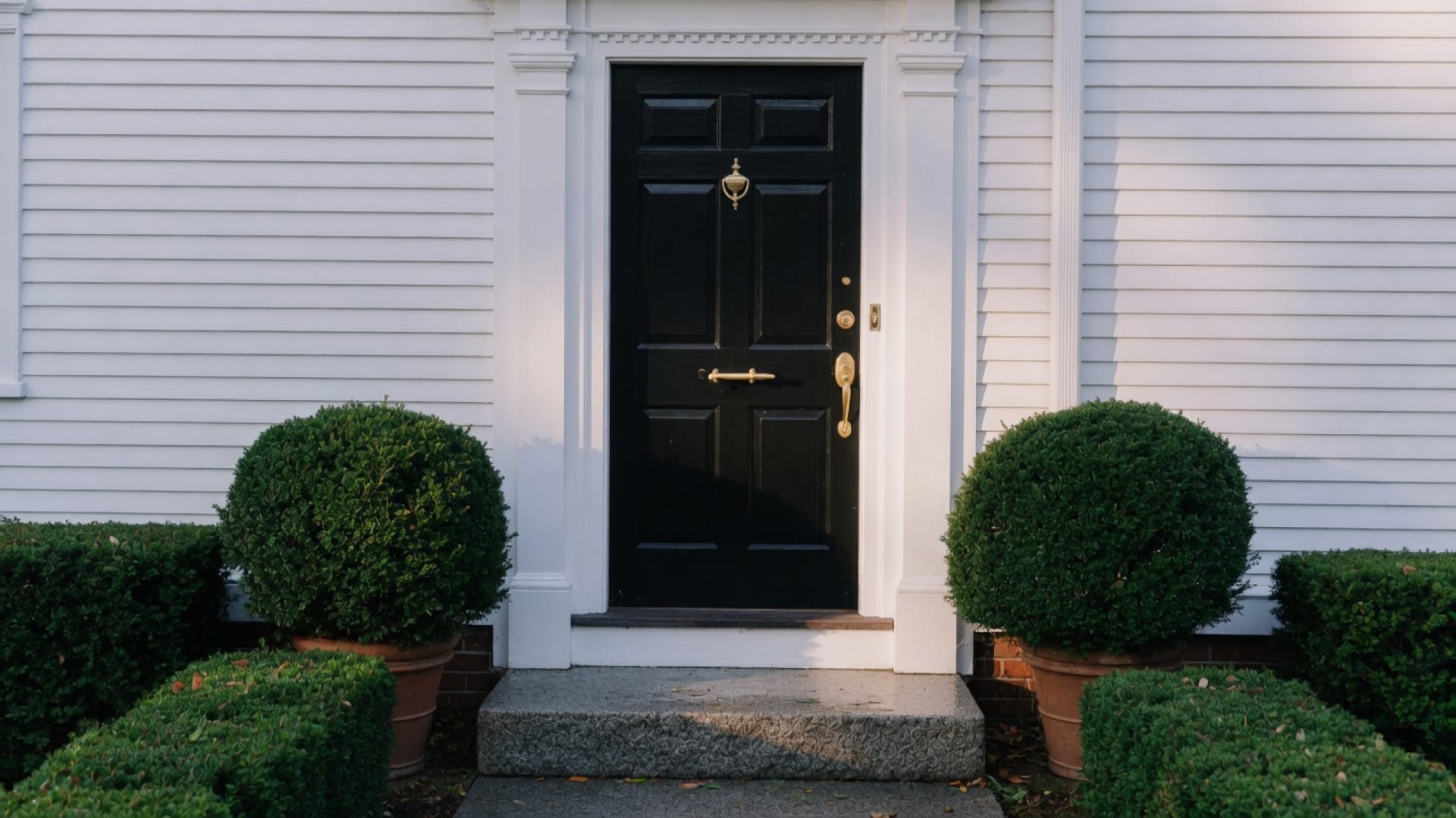 Black painted colonial front door with brass hardware, Wellesley MA, morning light, no people