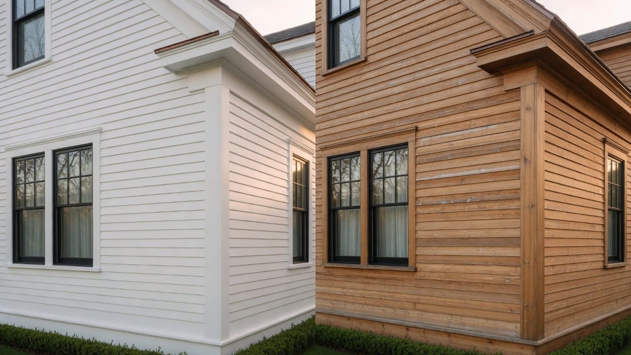 Side-by-side painted cedar and stained cedar siding on New England homes for finish comparison